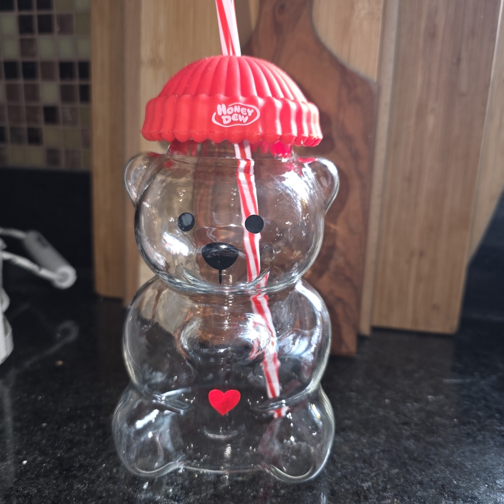 Honey Dew Limited Edition Valentine's Bear Shaped Glass with Red Lid!!!